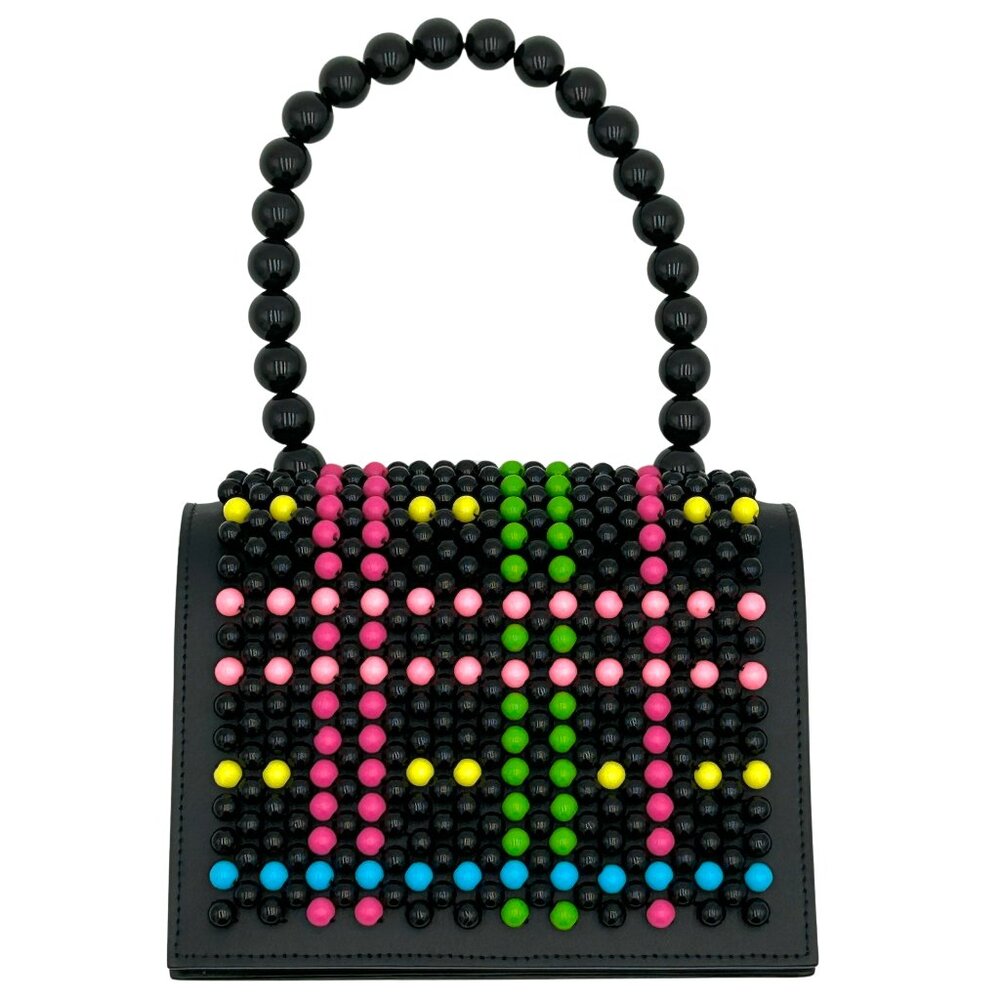 Les Petits Joueurs Leather Amour Beaded Bag Black PInk Green Yellow Blue
